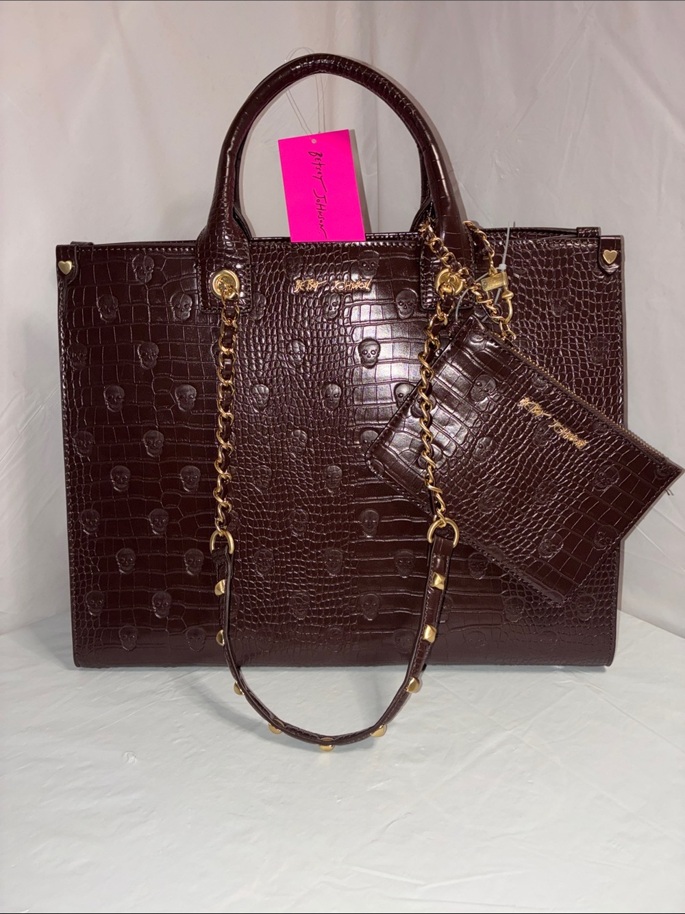 Betsey Johnson Structured Embossed Tote with Detachable Pouch - Brown